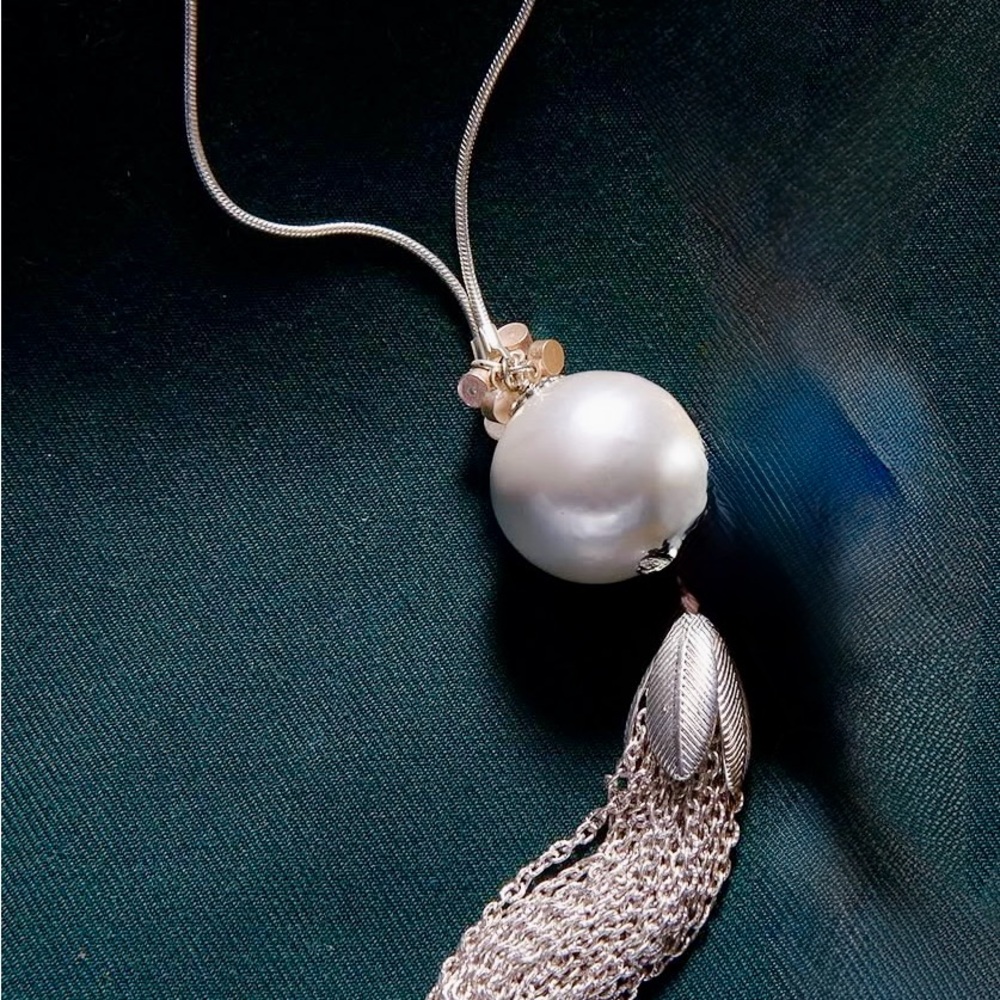 John Wild, Sterling Silver Pearl Tassel Long Fashion Necklace, Maximal Art